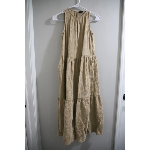 Ann Taylor Petite XSP Beige Cotton Gauze Tiered Sleeveless Maxi Dress Pockets - Picture 1 of 7